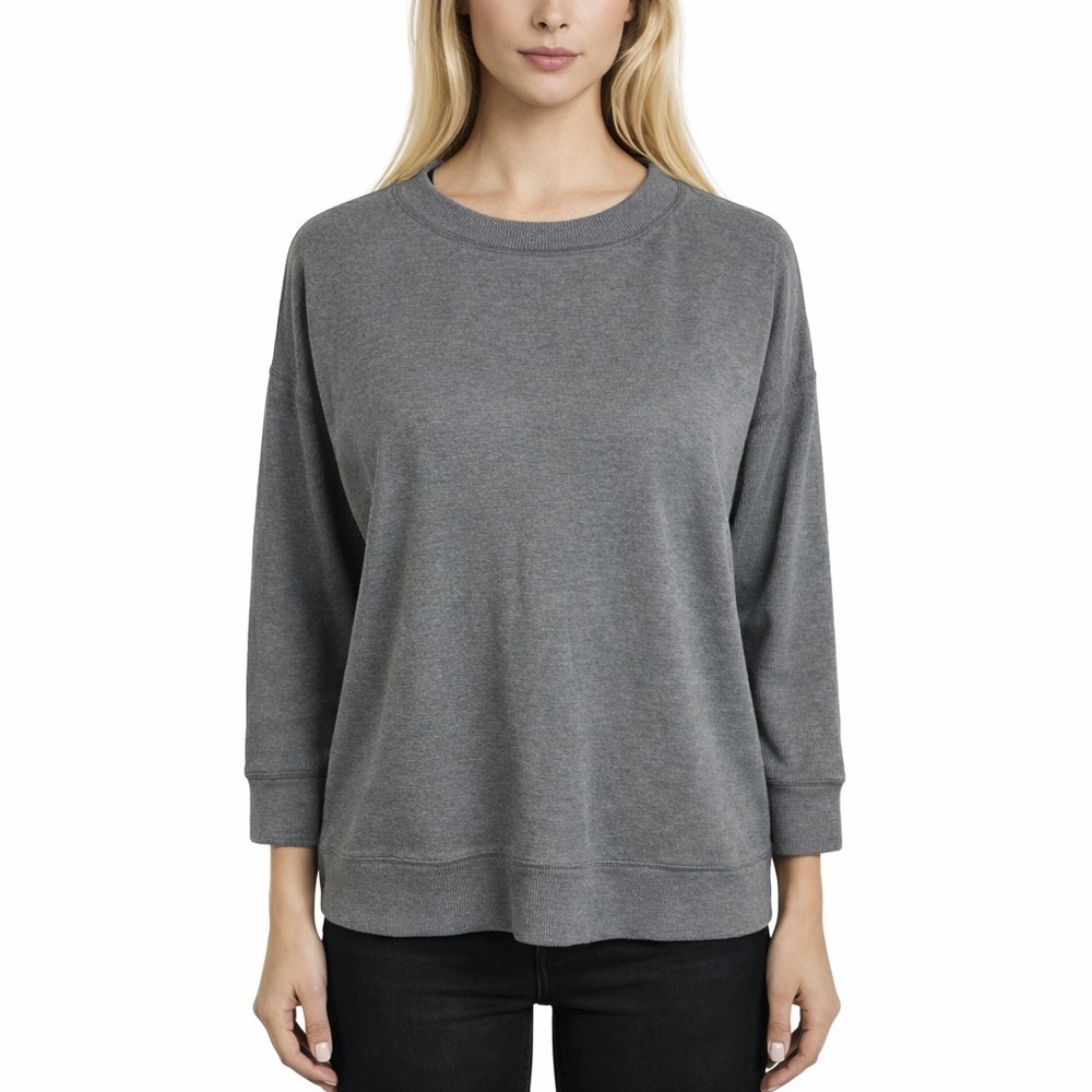 Eileen Fisher system Gray Sweatshirt Waffle Knit Contrast Boxy Comfy Size S